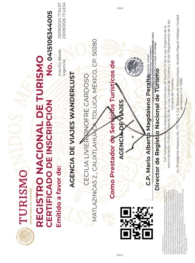 Certificado de Inscripción al Registro Nacional de Turismo No. 0415106344005 — Agencia de Viajes Wanderlust
